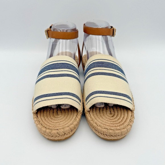 Tory Burch Espadrille Sandals Blue Ivory Striped Leather Ankle Strap Jute Size 8 - Picture 4 of 13
